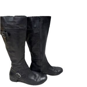 Nine West Womens Sookie Size 7.5 Black Leather Tall Boots Side Zip Buckle